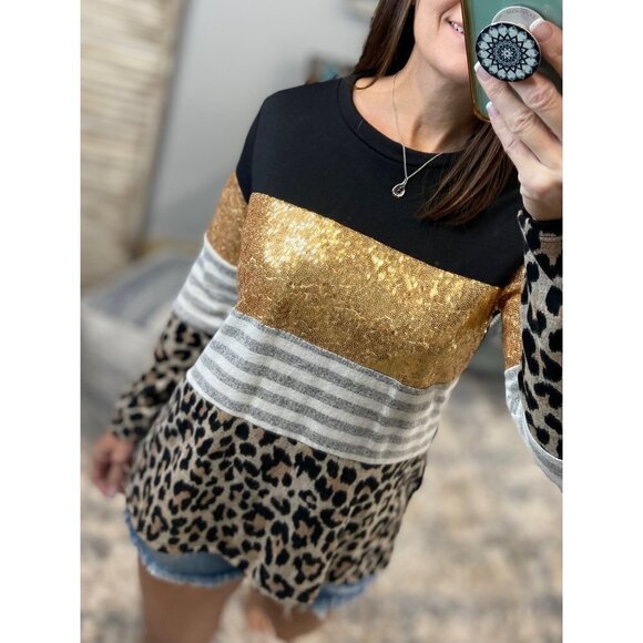Glitter Leopard Striped Sweater Gold 0819 - Picture 2 of 12